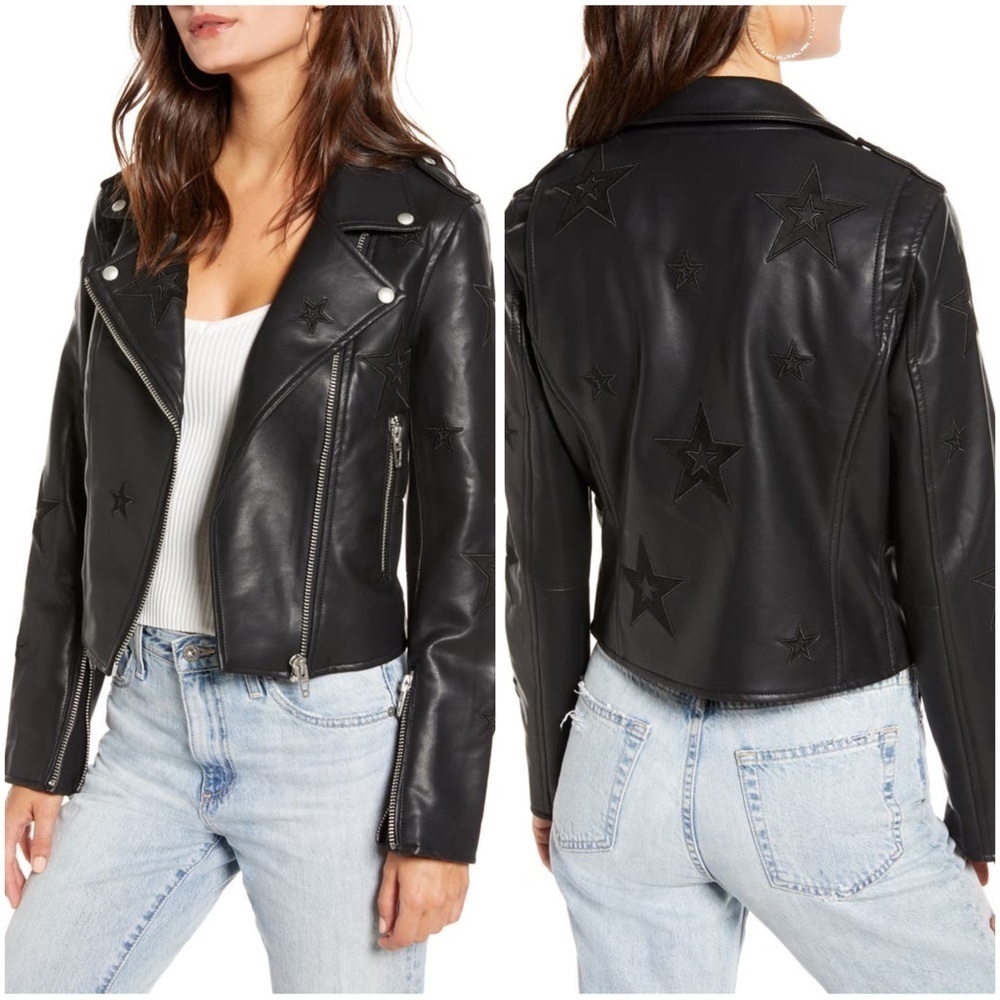 BlankNYC Black Tonal Star Faux Leather Biker Moto Jacket Size Small